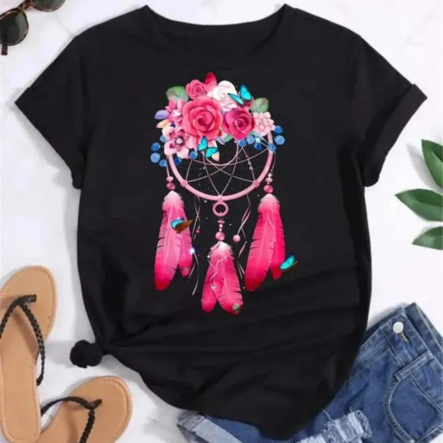 

Женская модная футболка с перьями Dreamcatcher Harajuku Graphic Tees Shirt Femme Dream Catcher Женская футболка Одежда Топы S чёрный