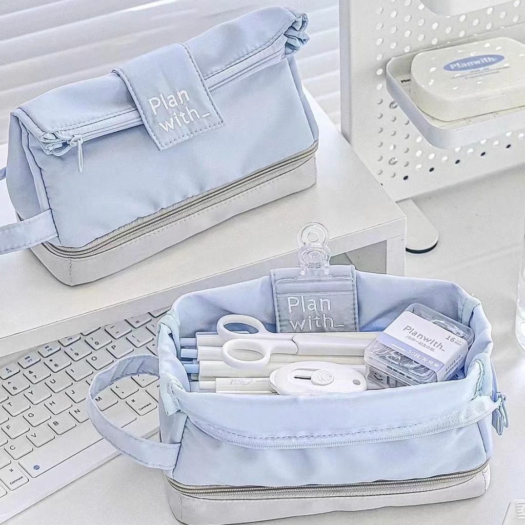 Student Nylon Double Layer Pencil Case Large Capacity Organizer For School And Office