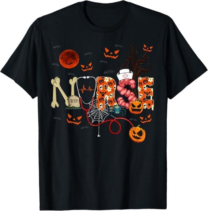 Nurse Funny Stethoscope Nurse Pumpkin Skull Lover Halloween T-Shirt