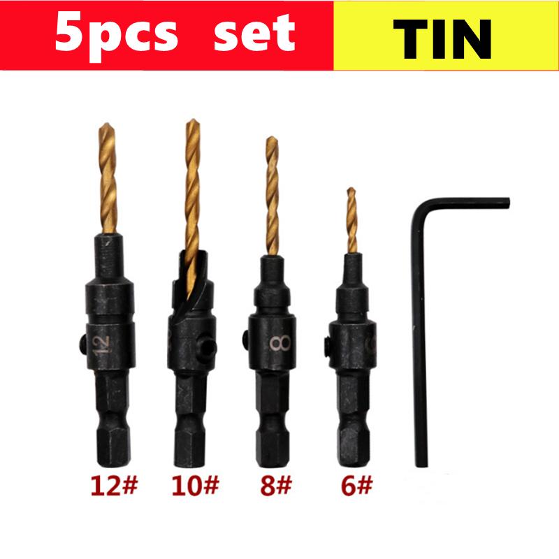5/6pcs Countersink Drill Woodworking Drill Bit Set Drilling Pilot Holes For Screw Sizes #5 #6 #8 #10 #12 With a Wrench Tools