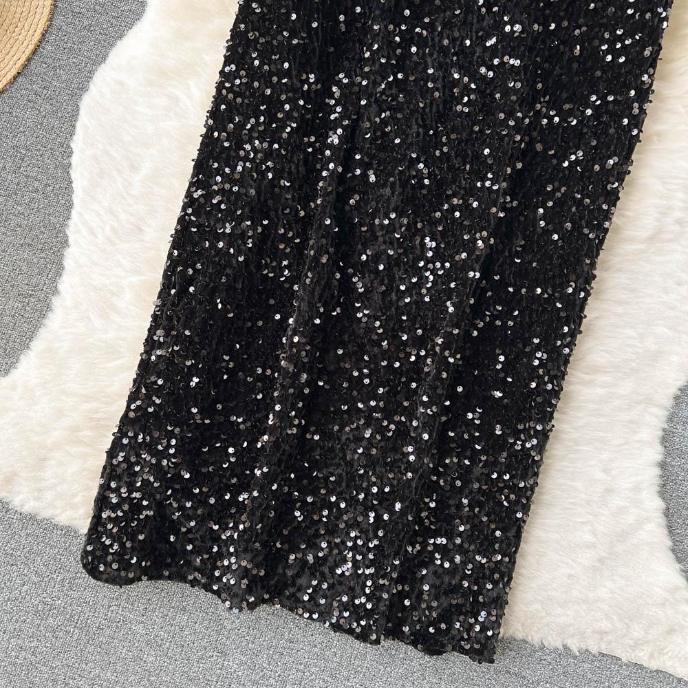 Špičkový Niche Design Flitry Sukně s vysokým pasem Dámské Podzimní Francouzské Retro Mididélka Obepínající boky Šaty