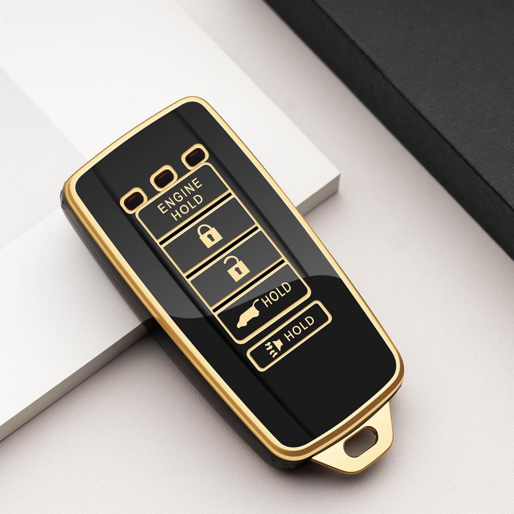 For Acura Key Fob Cover with Engine Hold Remote Start 5 Button Car Key Case Protector for Acura MDX RDX RLX TLX Black Gold Accessories 2017 2018