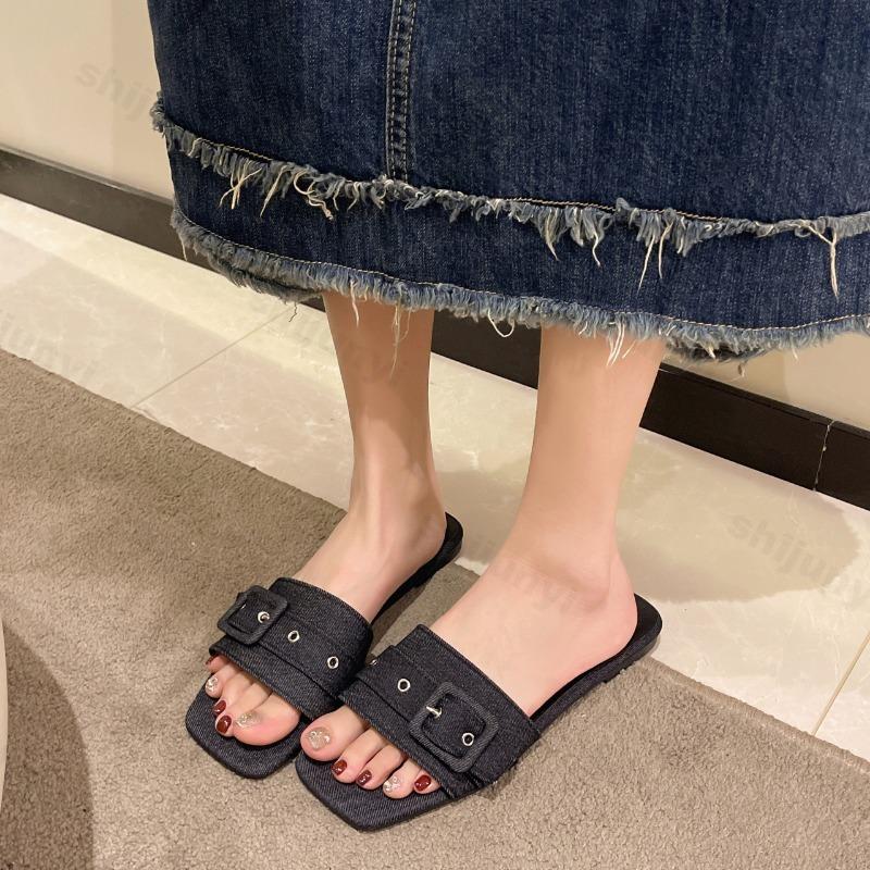 Fashion Cowboy Women Slippers Flats Sandals 2025 Summer Designer Flip Flops Outdoor Fashion Dress Casual Square Toe Buckle Beach Shoes