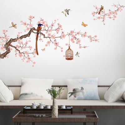 Autocollant mural avec Illustration d'oiseau et de fleur de Style chinois, sparadrap de décoration de fond de canapé de salon, papier peint de décoration de maison