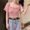Square Neck Collar Collarbone Pleated Short-sleeved Knit Sweater Women Summer Retro Short Sweet Top T-shirt Casual Essential Slim Fit Pullovers Tees