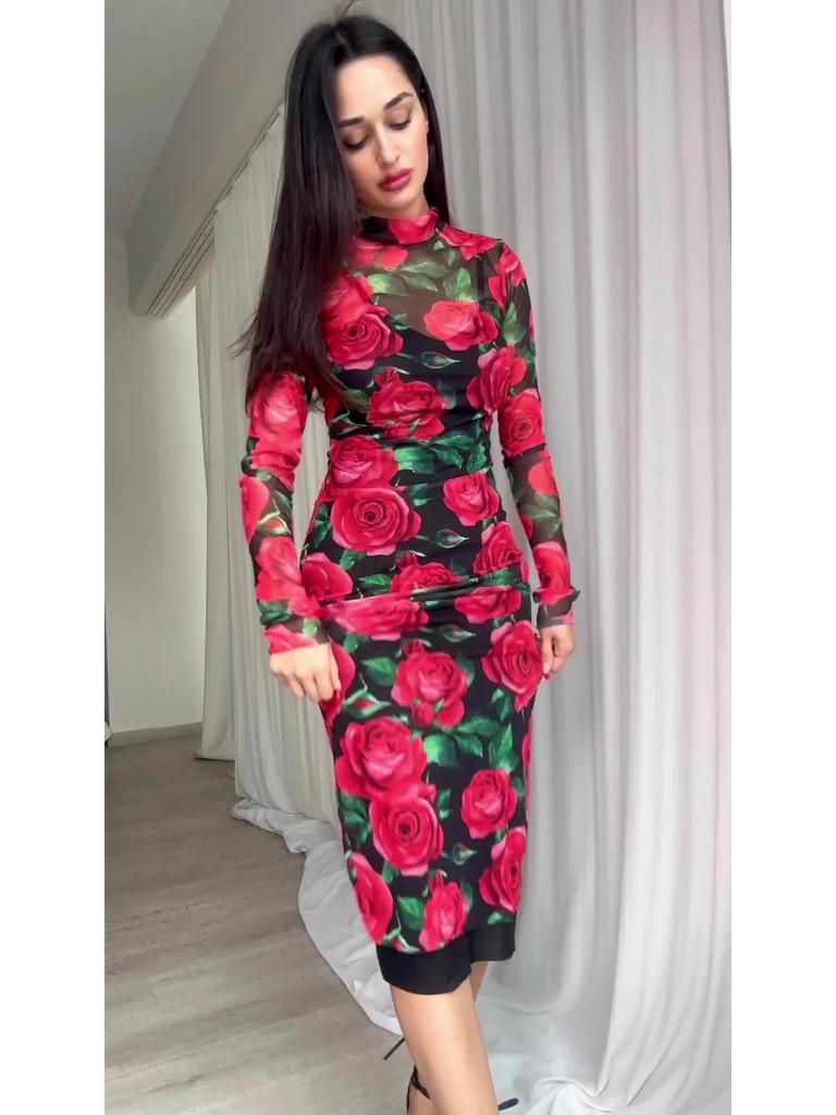 2025 Autumn European Floral Midi Dress In Picture Color