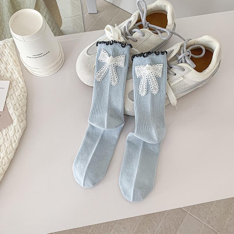 

Женские весенне-осенние сладкие туфли на каблуке с бантом, деревянный край уха, балетный ветер, носки-гольфы 1 pair синий