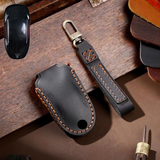 Genuine Leather Car Remote Key Fob Case Cover Keychain For Tesla Model S Model 3