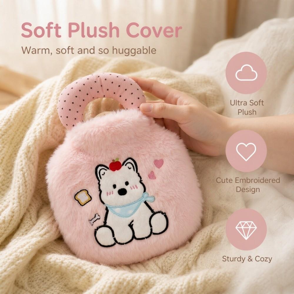 Plush Cartoon Hand Warmers Dog Embroidery Hot Water Bag Portable Water-filling Bottle Female