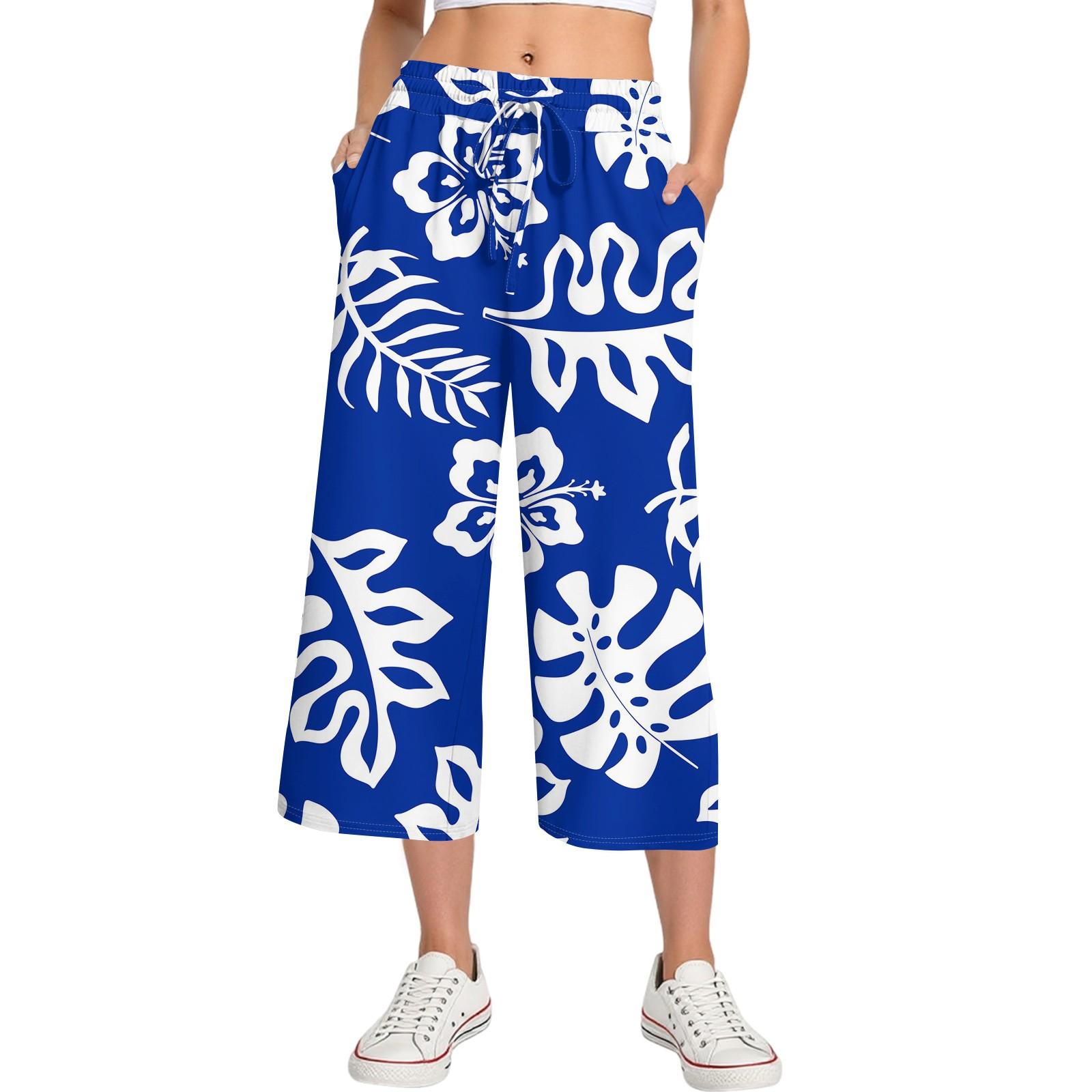 

Женские летние повседневные спортивные брюки с высокой талией и принтом, укороченные брюки свободного покроя S синий
