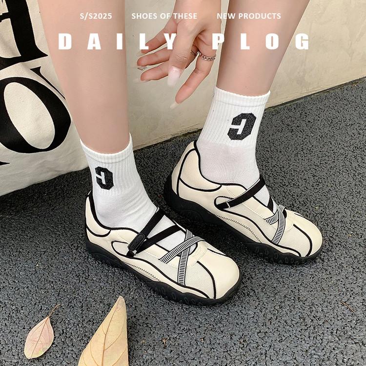 Mary Jane Dexun Shoes Mesh Shoes 2025 Summer New Ballet Shoes One Word with College Style Casual Shoes