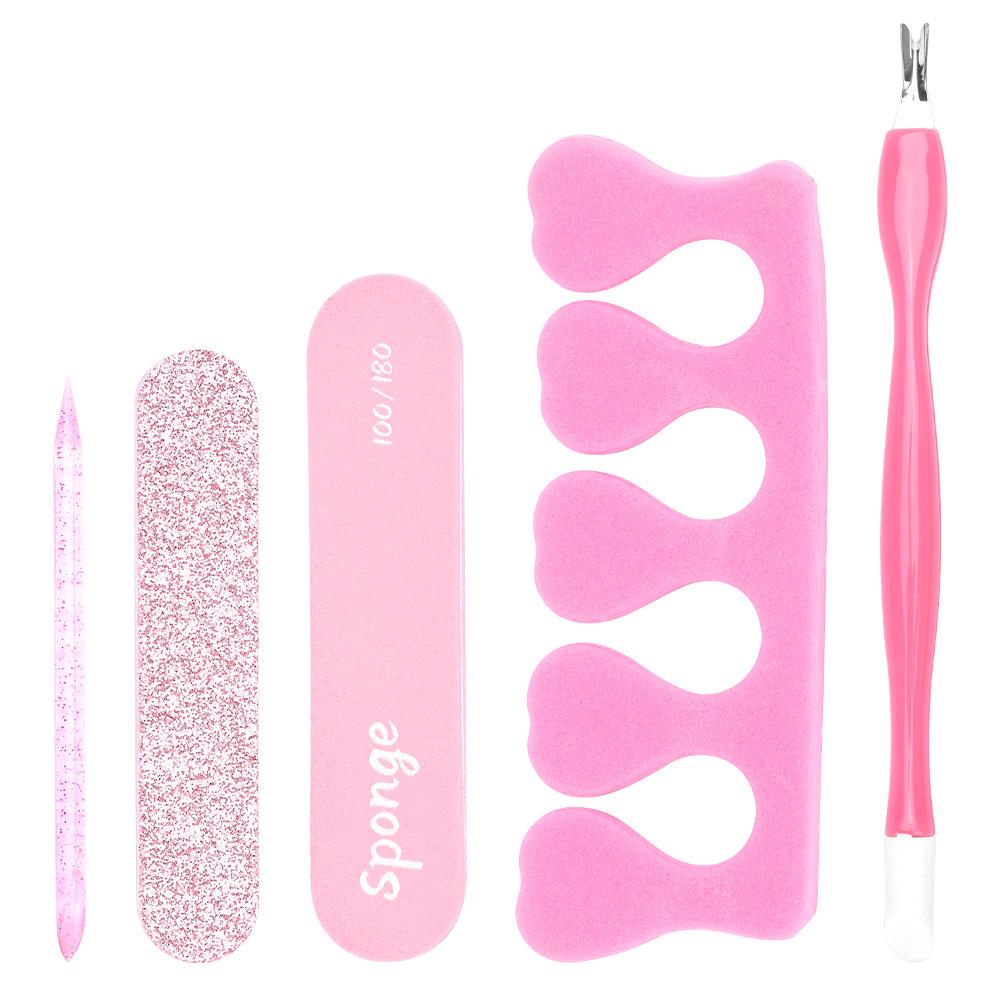 Wearable Nail Tool Kit: 5-Piece Set with Sponge, Adhesive Board, File, Cuticle Fork, Crystal Stick, Finger Separator, and Horn Brush.
