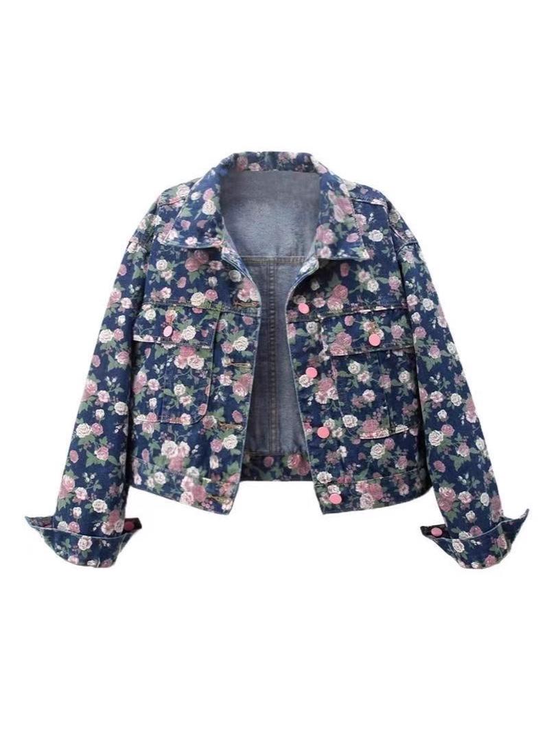 

Women s Retro Print Long Sleeve Denim Jacket – 2025 Spring/Autumn Short Loose Fit S квітковий колір друку