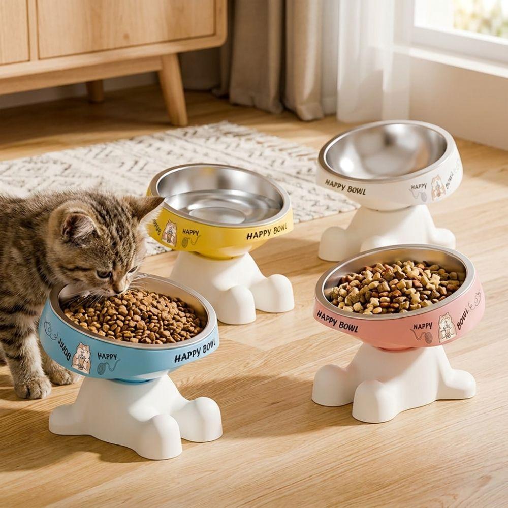 Detachable Stainless Steel Cat Bowl Non-Slip Base Chew-Proof Edge Cat Feeding Bowl Drop Resistant Neck Protection