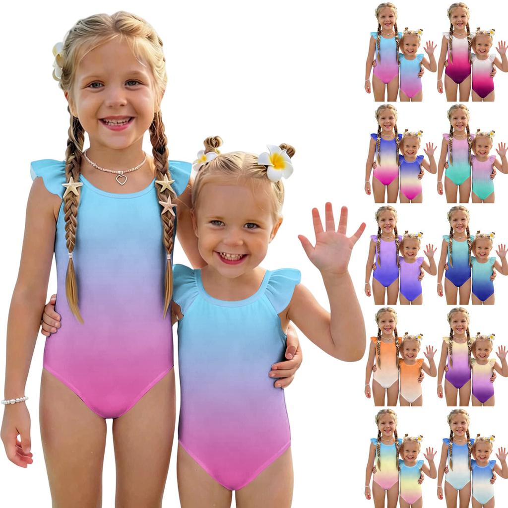 Girls One Piece Swimsuit Gradient Print Sleeveless Ruffle Shoulder Swimwear Summer Beachwear Kids Bathing Suit