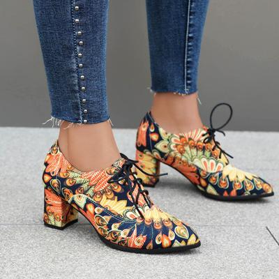 Q/Tacones altos para mujer, zapatos individuales, estampados de moda, tacones gruesos, cordones grandes, zapatos bajos, zapatos para todas las estaciones