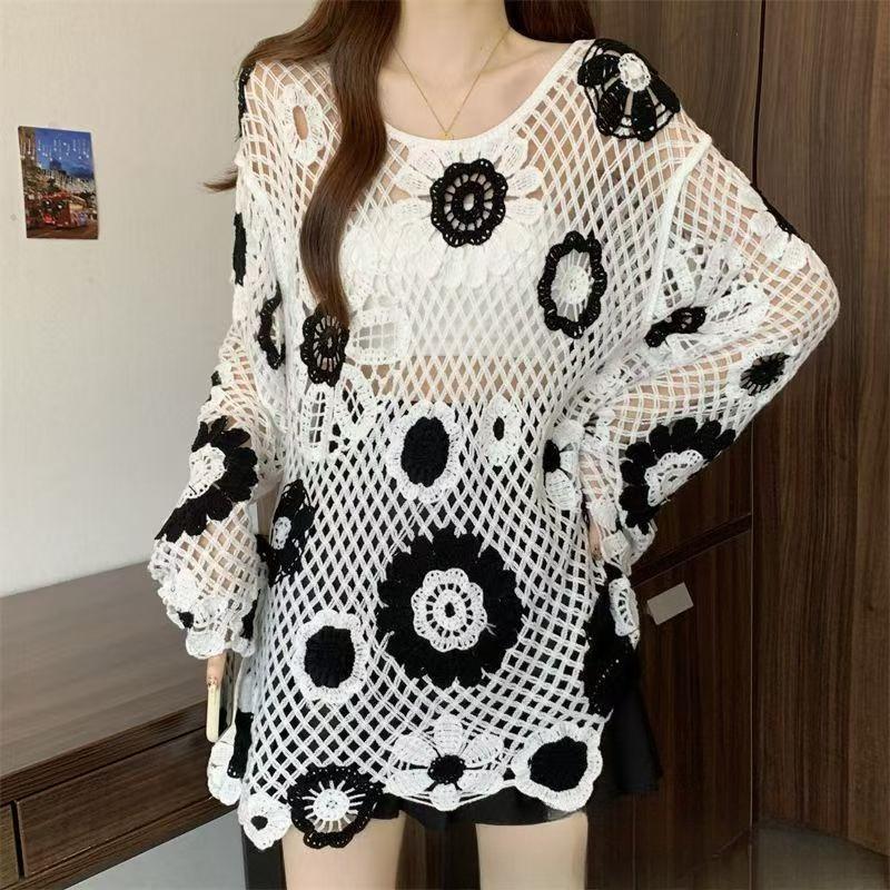 

Bohemian Crochet Hollow Knit Sweater for Women Loose Color-Block Long-Sleeve Knit Pullover Top one size