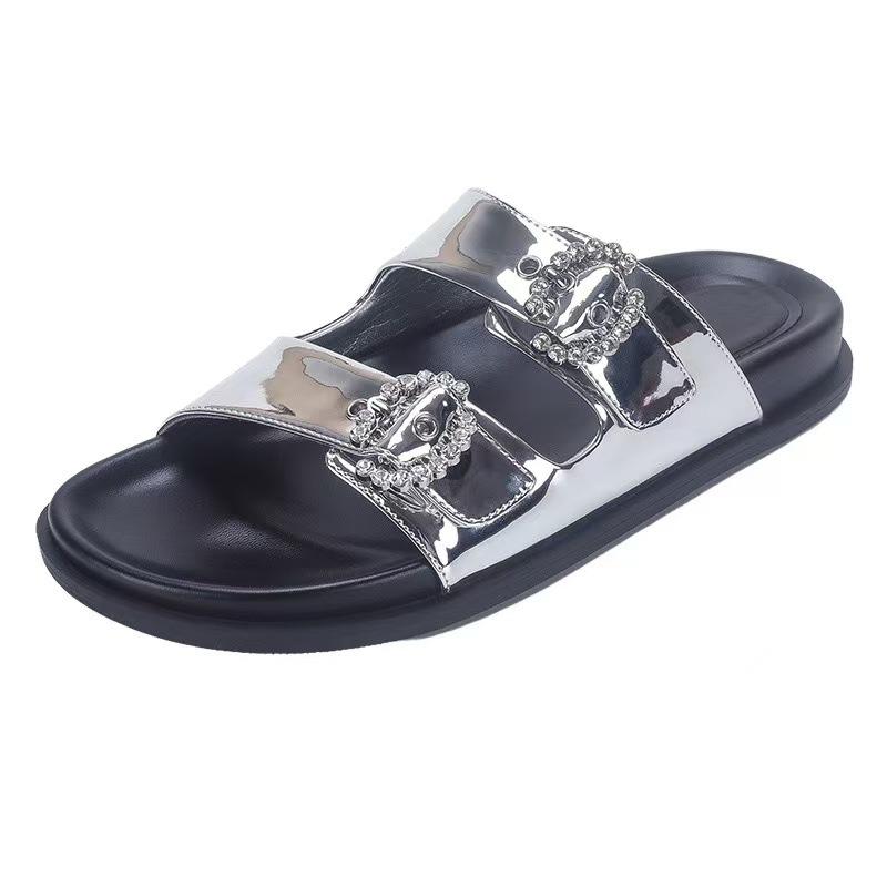 Thick-soled one-word slippers for women's summer wear, new bright diamond round buckle flat-heeled casual cool slippers
