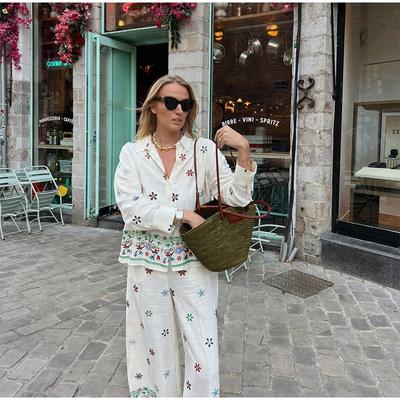 Embroidery Linen Trousers Suit Women Loose Lapel Long Pants Shirts Suits Female Summer Single Breasted Sets Lady