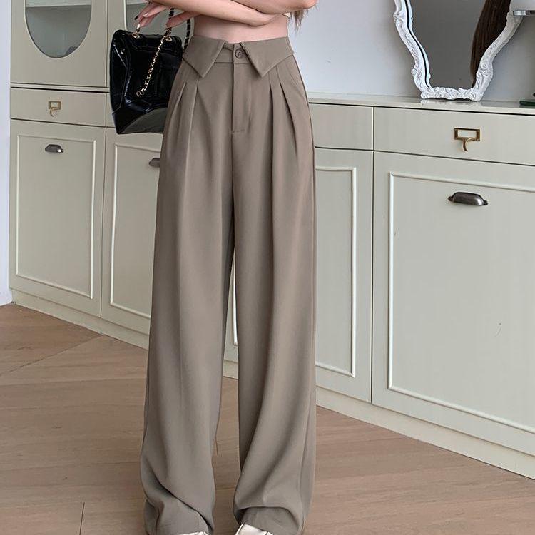 Korean Style High Waist Wide Leg Pants with Lapel Design