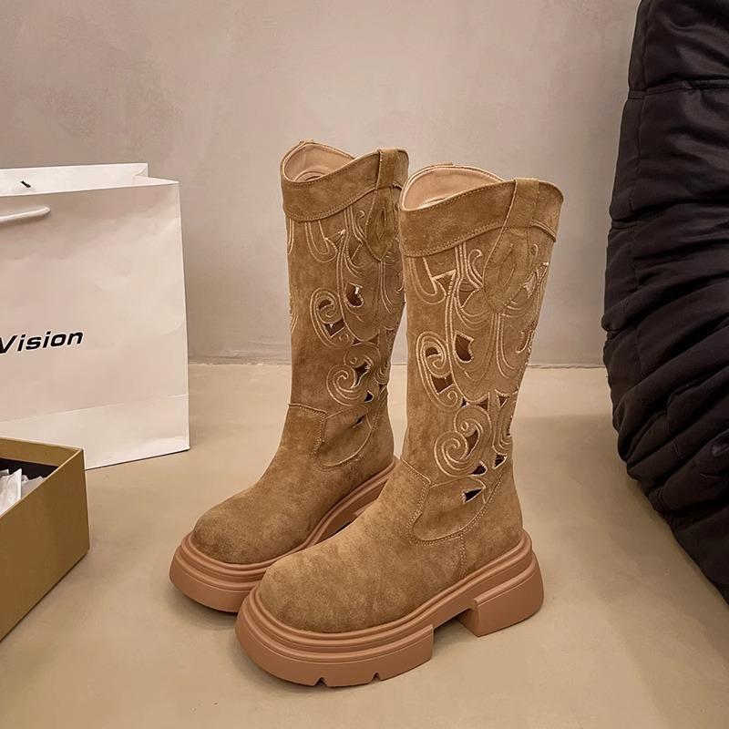 

Ретро ковбойские сапоги женские 2025 новые осенние темпераментные универсальные сапоги на толстом каблуке, но сапоги до колена hollow knight 40 коричневый