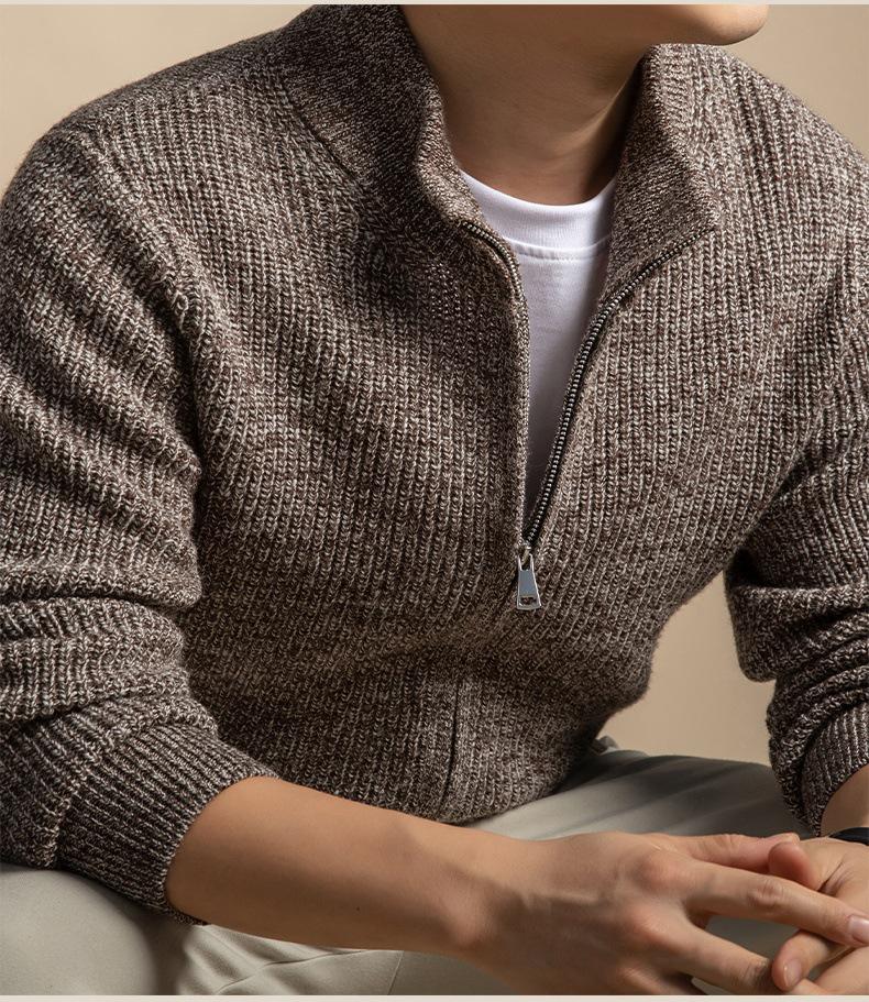 Men's Thick Rice Stitch Wool Cardigan, Zipper Stand Collar, Warm Autumn/Winter Sweater