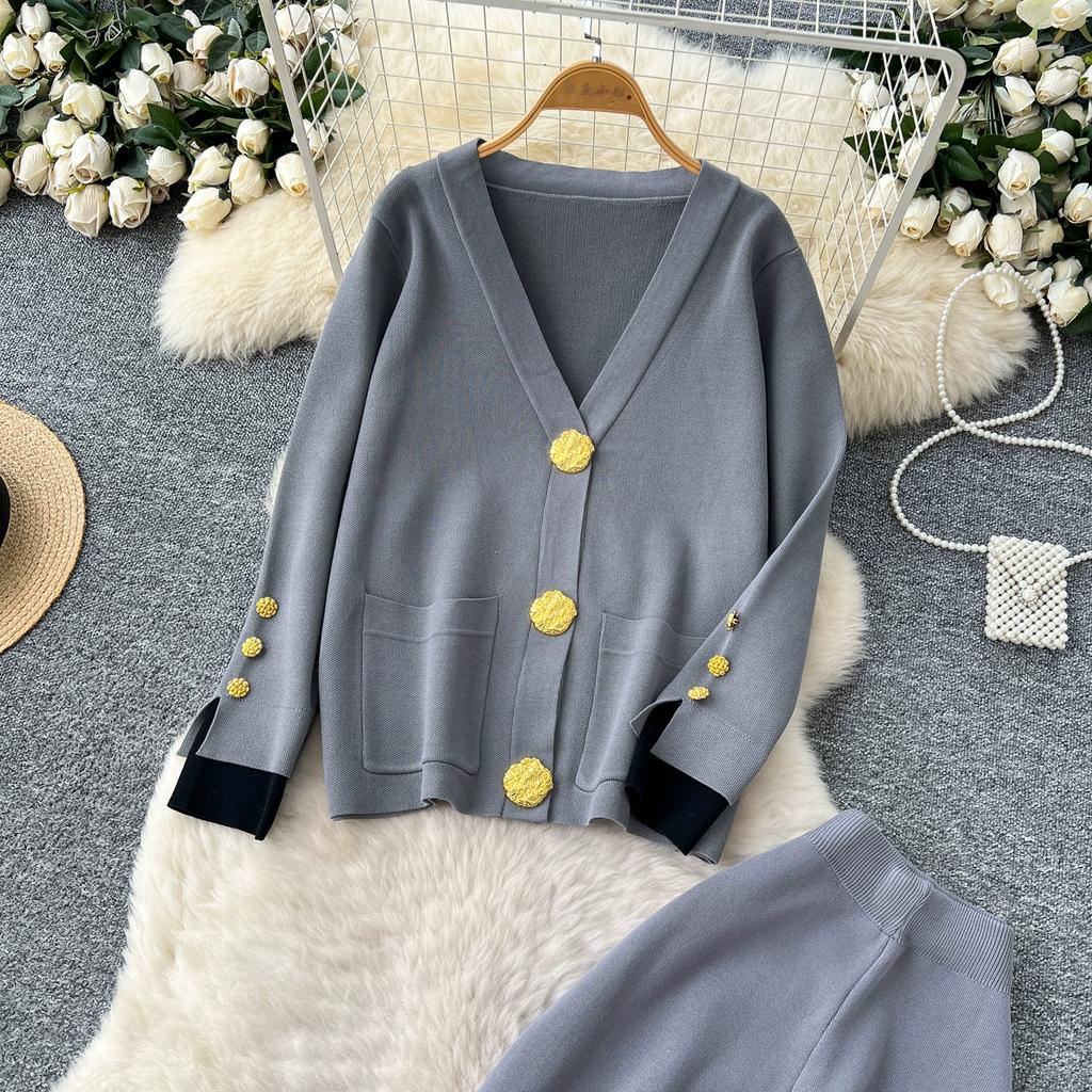 Autumn Winter Women Casual Knitted Sweater Trouser Two Piece Set Big Gold Button Single Breasted Jacket Tops and Elastic Waist Pant Tracksuit
