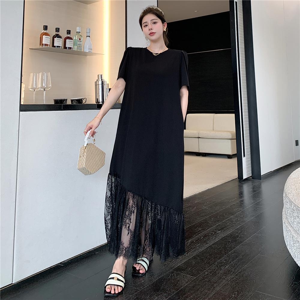 

DIMANAF Women 2025 Plus Size New Summer Dress Shirt Dress Lace Basic Long Pleated Loose Dresses Maxi 2XL чёрный