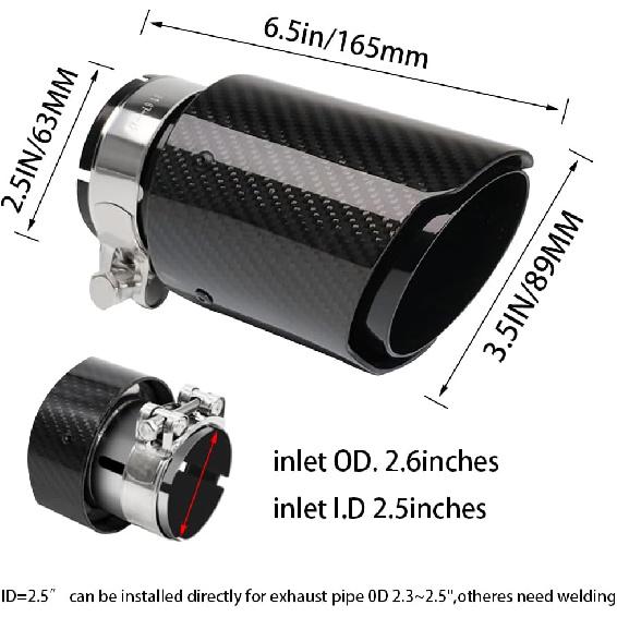 2.5"Inlet 3.5"Outlet Exhaust Tips Carbon Fiber Tailpipe Exhaust Pipe Tail Throat Tail Pipe Modification Parts GlossyBlack