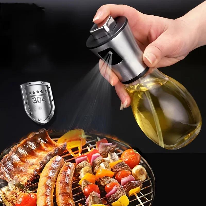 Oil Spray Bottle Perfect for Kitchen Cooking & Air Fryer Bottle Glass Stainless Steel Oil Sprayer Kitchen Gadgets 200ML
