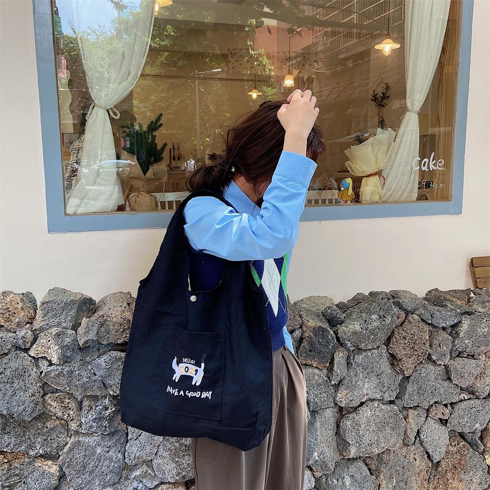 1 Embroidered Cat Student Vest Bag Shoulder Tote Bag Shopping Canvas Bag Large Capacity Leisure Bag