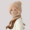 3 In 1 Women Knitted Scarf Hat Plush Ball Decor Windproof Warm Snow Cap Solid Color Fleece Lining Outdoor Activity Hat