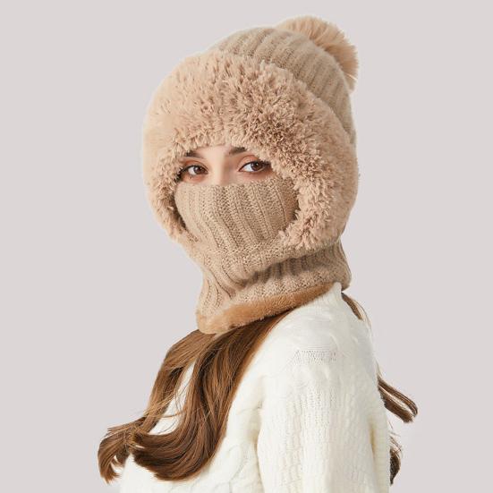 3 In 1 Women Knitted Scarf Hat Plush Ball Decor Windproof Warm Snow Cap Solid Color Fleece Lining Outdoor Activity Hat