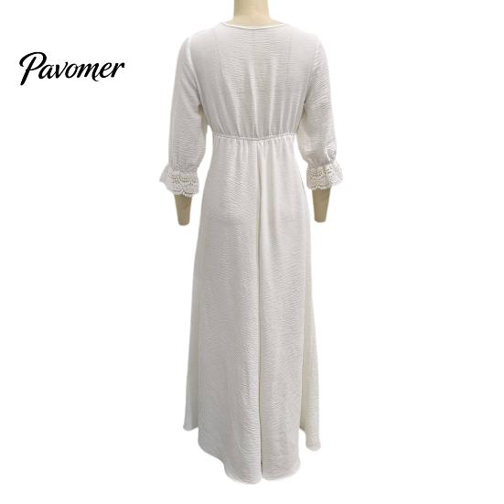 Bohemian Fall Dress Women V-Neck Lace for Fall, 3/4 Sleeves Maxi with Long Sleeve Belt, Solid Color Loose Casual Vacation Daily Wear