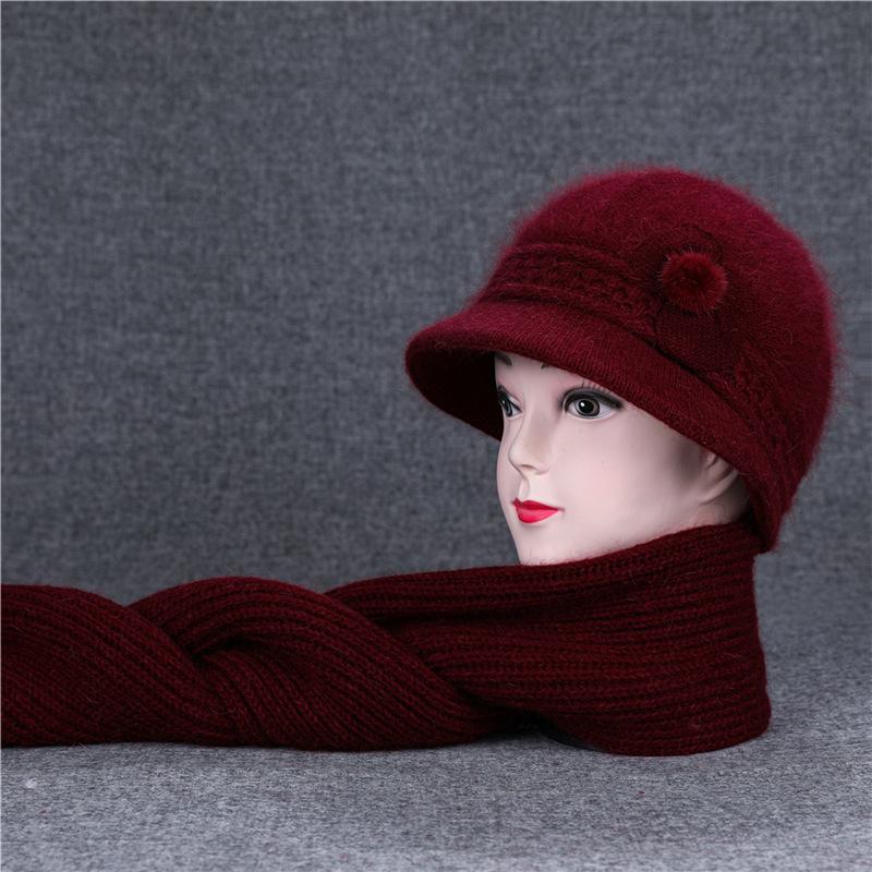 Ji Middle-Aged And Elderly Women'S Basin Hat Grandma Knitted Wool Hat Old Man Hat Rabbit Fur Flower Mother Hat Scarf