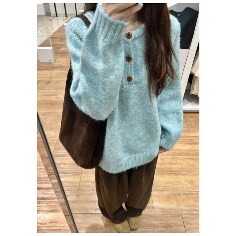 Half-open neck button sweater women's autumn and winter thickened warm large version meat cover long-sleeved age-reducing knitted bottoming top