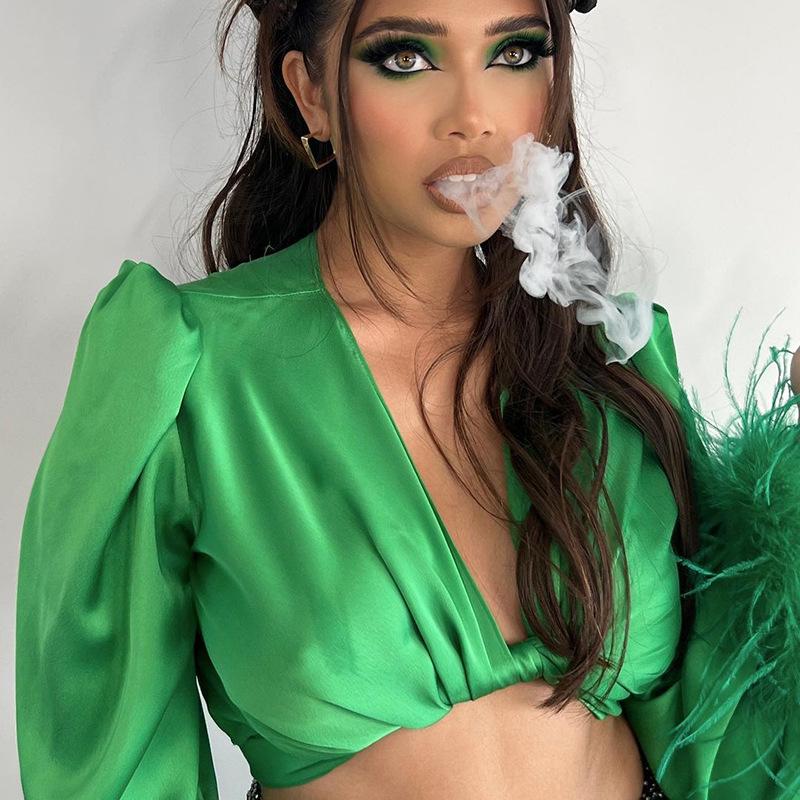 Streetwear Chic Langarm Mit Pelzigen Federn Satin Crop Top Clubwear Vorne Fliege Up Sexy Schlanke Frauen Verband Shirt low Cut
