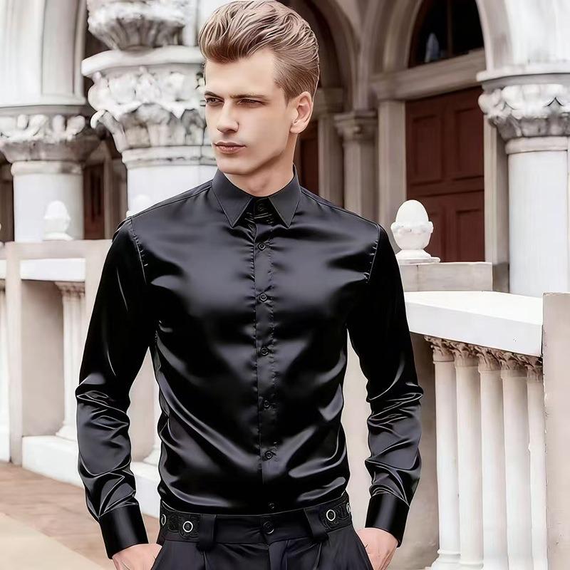 Mens White Long Sleeve Lapel Collar Slim Fit Formal Dress Shirt