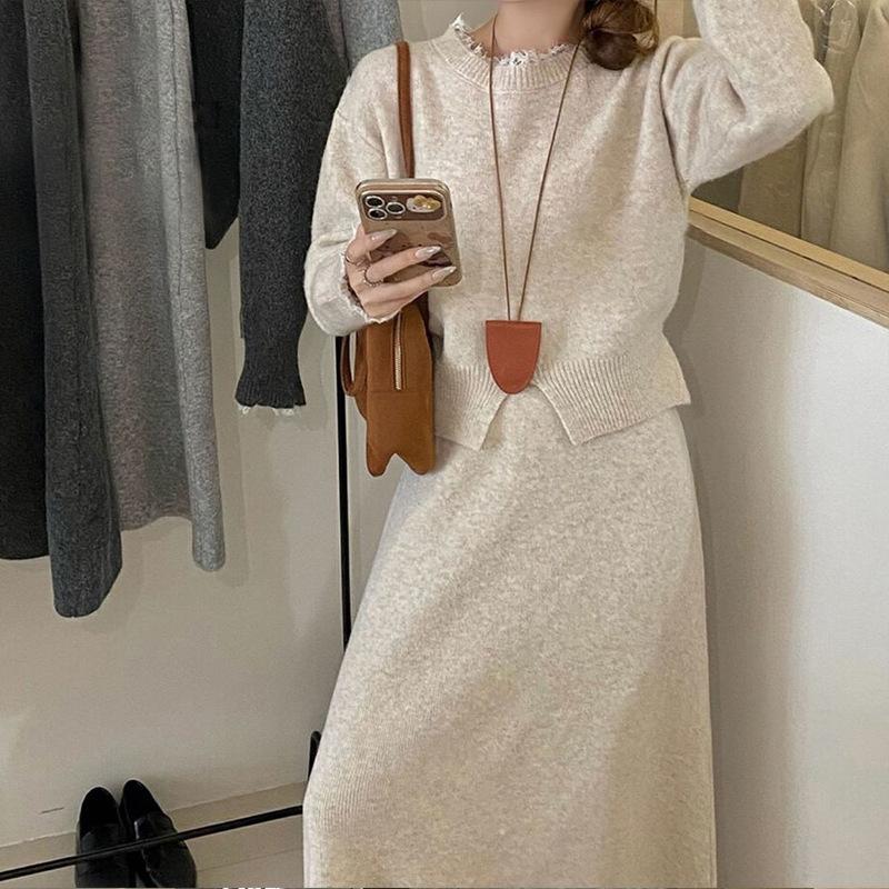 Casual Temperament Knitted Sweater Set Women's New Lace Lace Splicing Pullover Sweater + Skirt