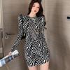 Spring Women Leopard Zebra Round Neck Sexy Tight Long-sleeved Dress