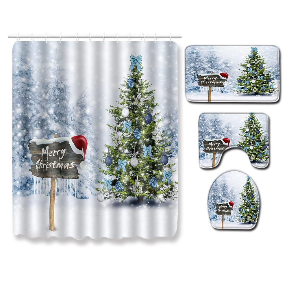 Christmas Shower Curtain Floor Mat Combination Four-Piece Set Bathroom Toilet Carpet Shower Room Mat Foot Mat