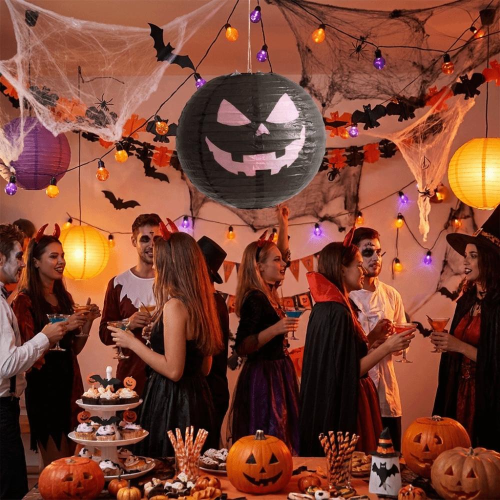 Color-Blocked Pumpkin Paper Lantern Foldable Round Paper Lanterns Hanging Lamp Ball Bar Decoration