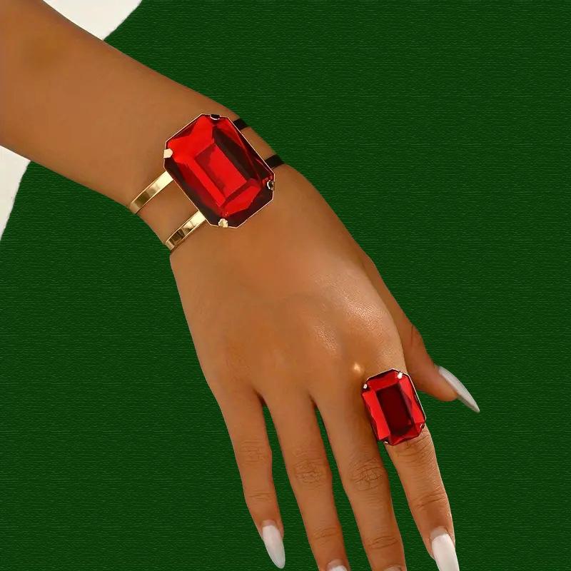 New bracelet ring green red black square large rhinestone jewelry set