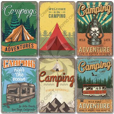 Camping Adventure Plaques Vintage Metal Plate Mountain Trip Campervan Tours Retro Metal Sign Wall Decor Travel Club Camping Cars