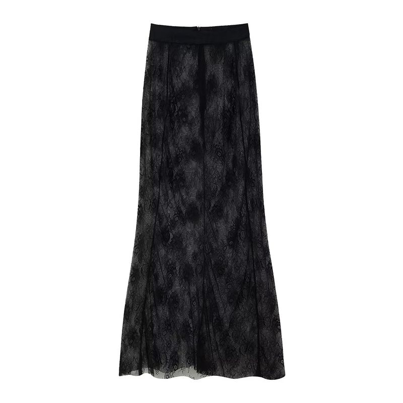 

Kaslead New Women clothes Western Style Lapel Waist Hugging Decorated Row Button Blazers Lace Skirt Set Black overskirt M