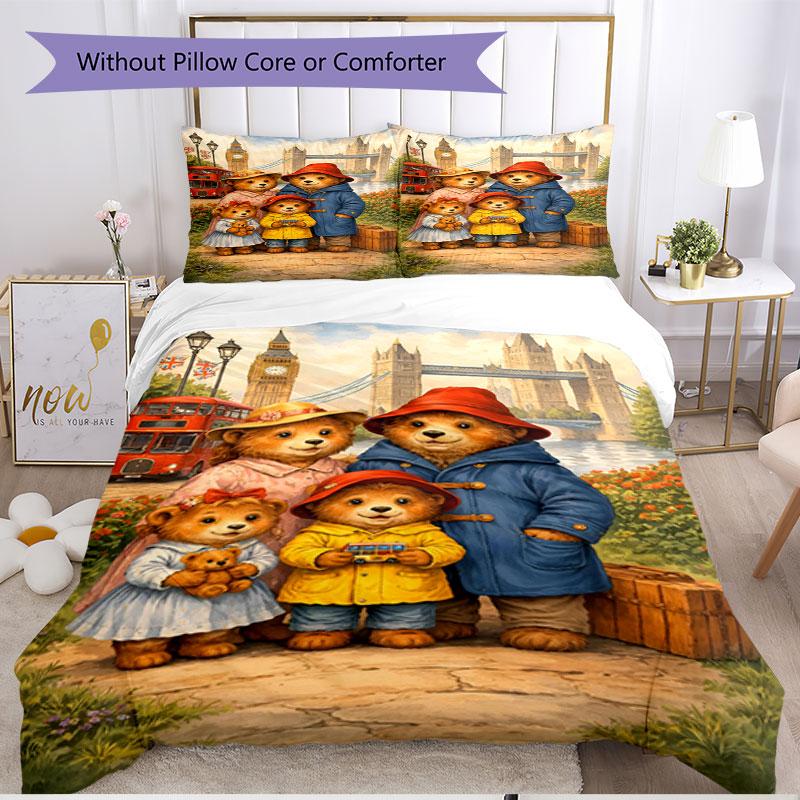 3pcs Duvet Cover Set (1*Duvet Cover + 2*Pillowcase, Without Core), Paddington Bear Print Soft All‑Season Bedding Set, Home Bedroom Decor Gift