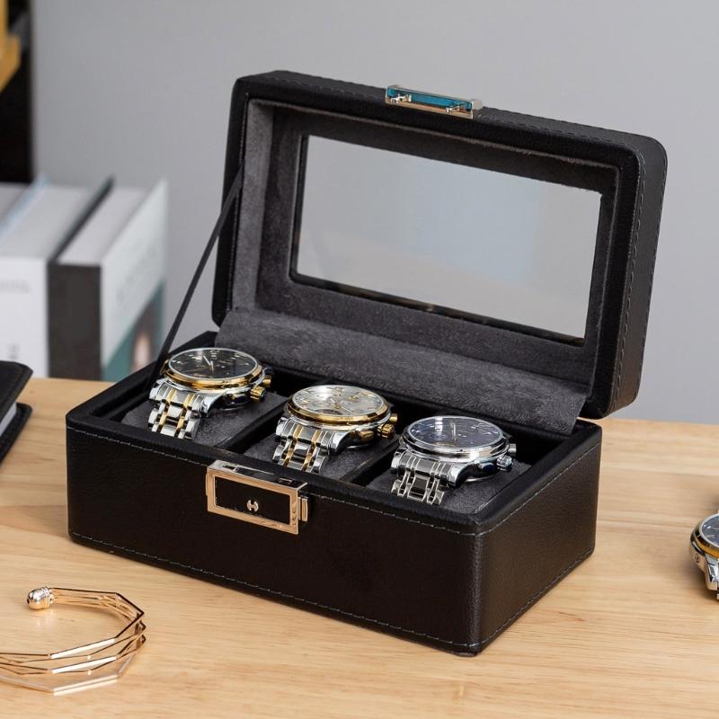 Elegante Uhrenaufbewahrungsbox mit stilvollen Fächern, Mikrofaser-Auskleidung und abschließbarem Deckel für eine sichere Präsentationslösung