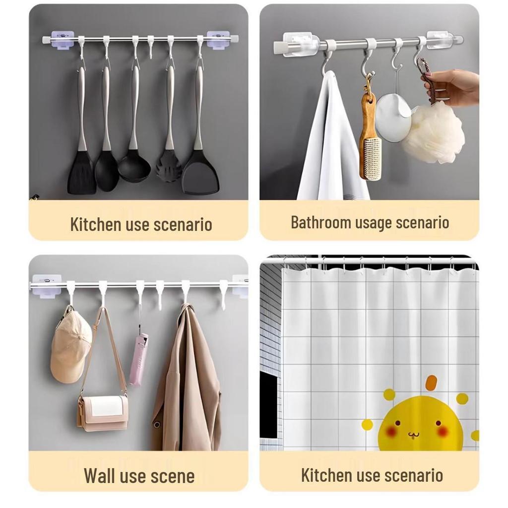 Adhesive Curtain Rod Clips & Hooks, Punch-Free Installation for Telescopic Rods