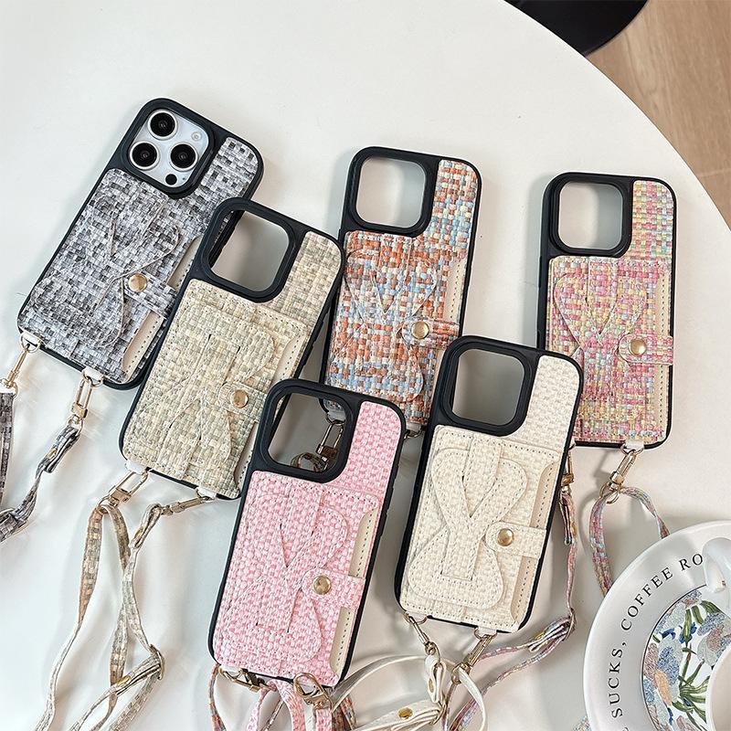 Plaid Wristband Card Holder Wallet Phone Case for Apple 17 Crossbody Cord for IPhone 16promax Leather Fashion