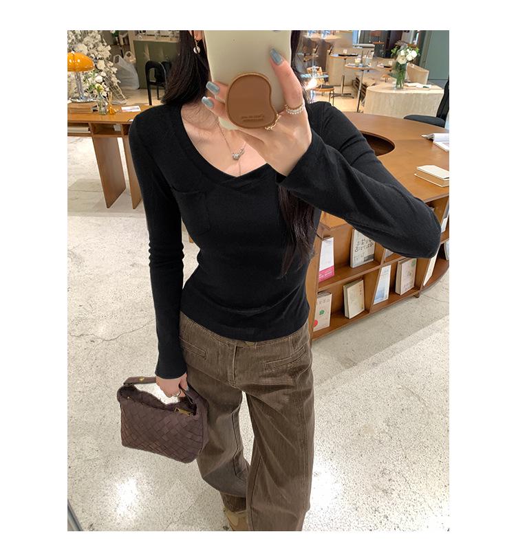 Korean Style Pink V-Neck Slimming Cropped Long Sleeve Women's Top - Autumn/Winter Collection